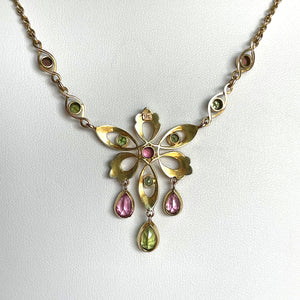 Antique 1915 Suffragette Necklace with Peridot, Pearls, and Tourmalines in 15ct Gold