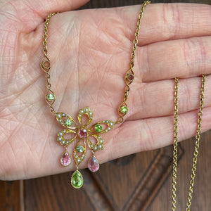 Antique 1915 Suffragette Necklace with Peridot, Pearls, and Tourmalines in 15ct Gold