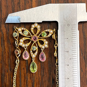 Antique 1915 Suffragette Necklace with Peridot, Pearls, and Tourmalines in 15ct Gold