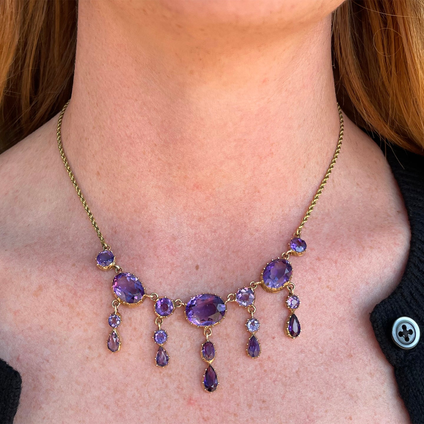 Victorian 14K Gold Amethyst Necklace with 17 Stones, Circa 1890