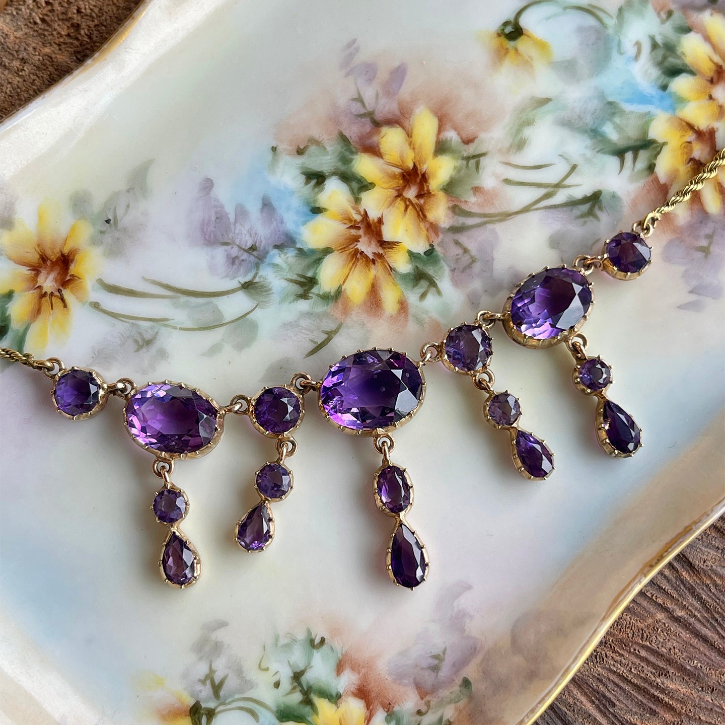 Victorian 14K Gold Amethyst Necklace with 17 Stones, Circa 1890