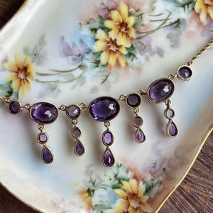 Victorian 14K Gold Amethyst Necklace with 17 Stones, Circa 1890