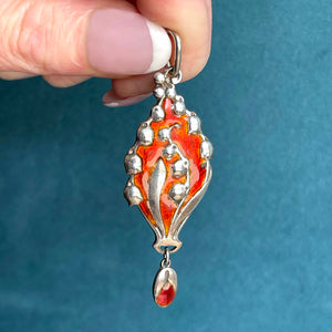 Antique Silver Lily of the Valley Orange Enamel Pendant by Murrle, Bennett and Company