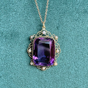 Antique Edwardian Amethyst and Pearl Pendant in 15k Gold