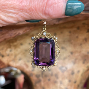 Antique Edwardian Amethyst and Pearl Pendant in 15k Gold