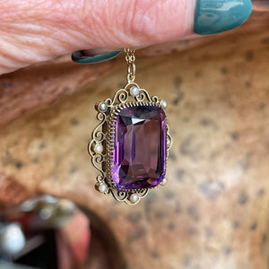 Antique Edwardian Amethyst and Pearl Pendant in 15k Gold