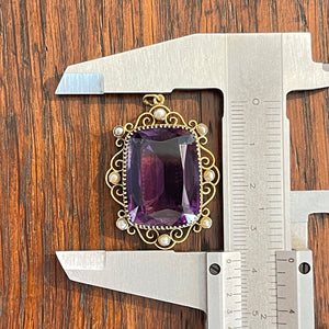 Antique Edwardian Amethyst and Pearl Pendant in 15k Gold