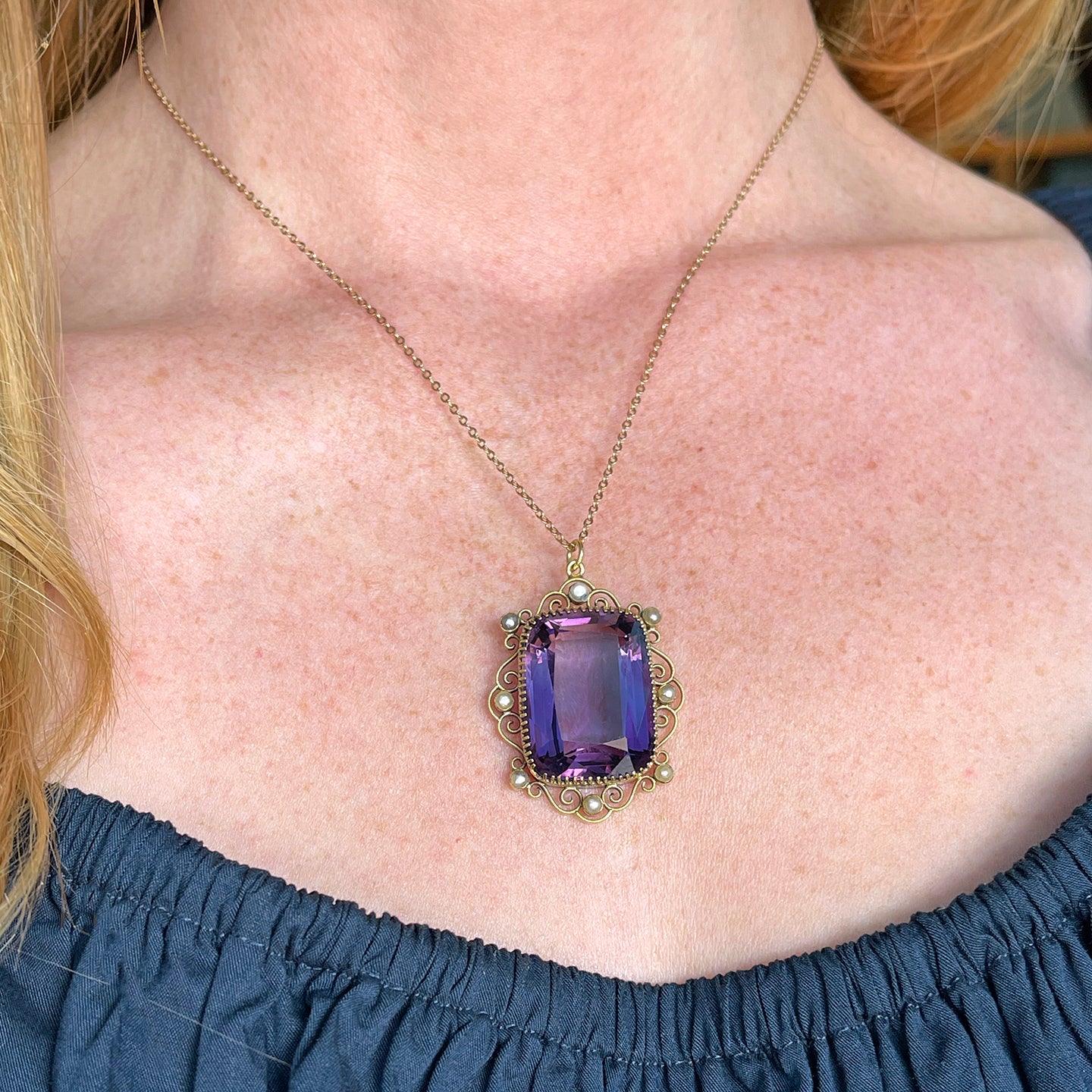 Antique Edwardian Amethyst and Pearl Pendant in 15k Gold