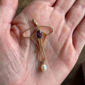 Art Nouveau 15K Gold Pendant with Amethyst and Pearl Drop