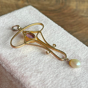 Art Nouveau 15K Gold Pendant with Amethyst and Pearl Drop