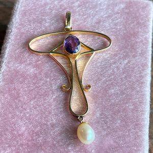 Art Nouveau 15K Gold Pendant with Amethyst and Pearl Drop