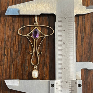 Art Nouveau 15K Gold Pendant with Amethyst and Pearl Drop