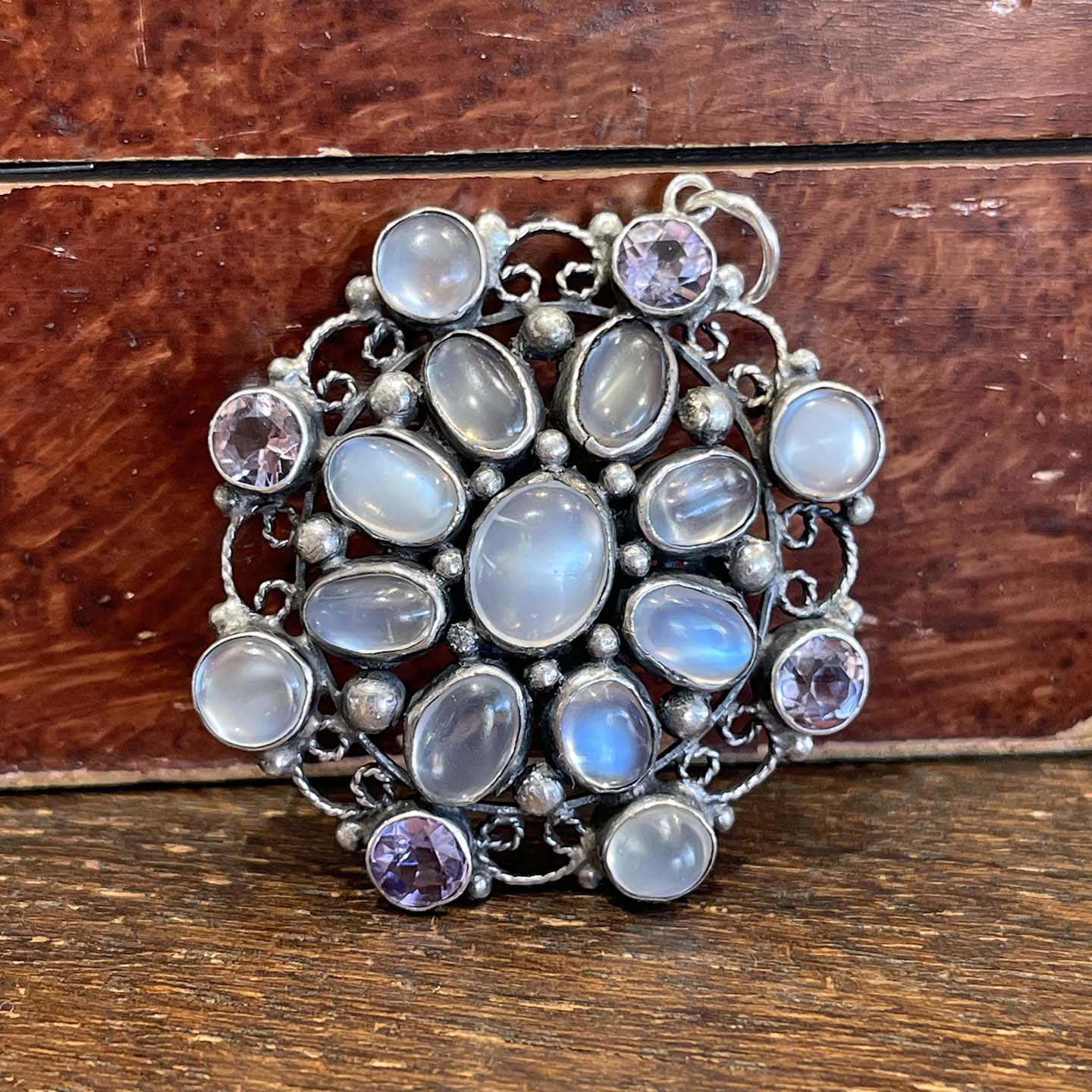 Antique Moonstone Amethyst Pendant Sterling Silver