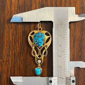 Art Nouveau Turquoise and Pearl Pendant in 9 Karat Gold