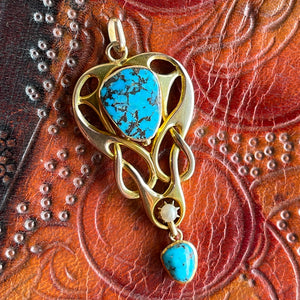 Art Nouveau Turquoise and Pearl Pendant in 9 Karat Gold