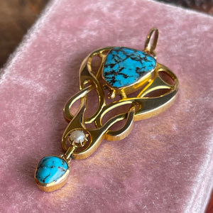 Art Nouveau Turquoise and Pearl Pendant in 9 Karat Gold