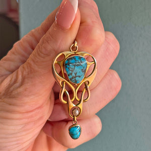 Art Nouveau Turquoise and Pearl Pendant in 9 Karat Gold