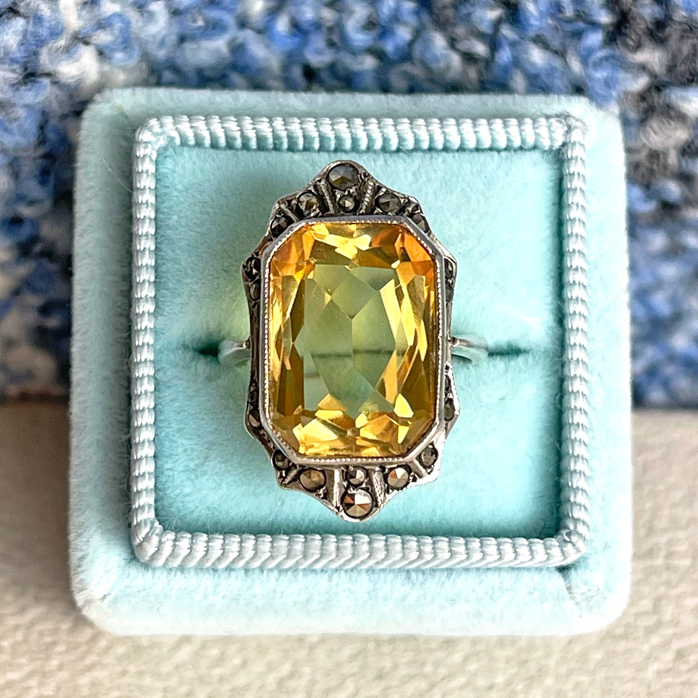 Art Deco Silver Citrine & Marcasite Ring