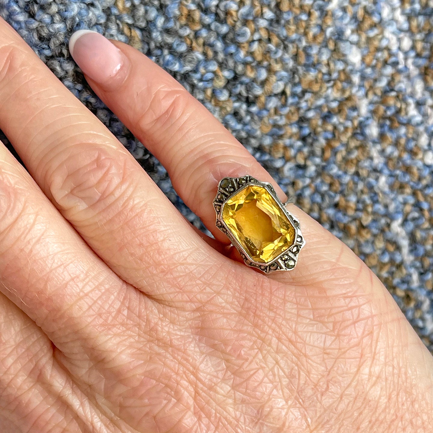 Art Deco Silver Citrine & Marcasite Ring