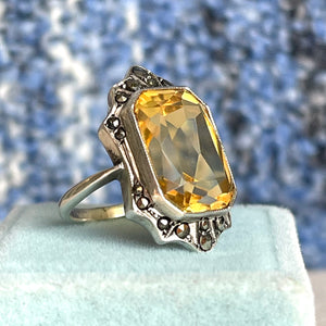 Art Deco Silver Citrine & Marcasite Ring