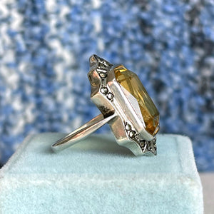 Art Deco Silver Citrine & Marcasite Ring