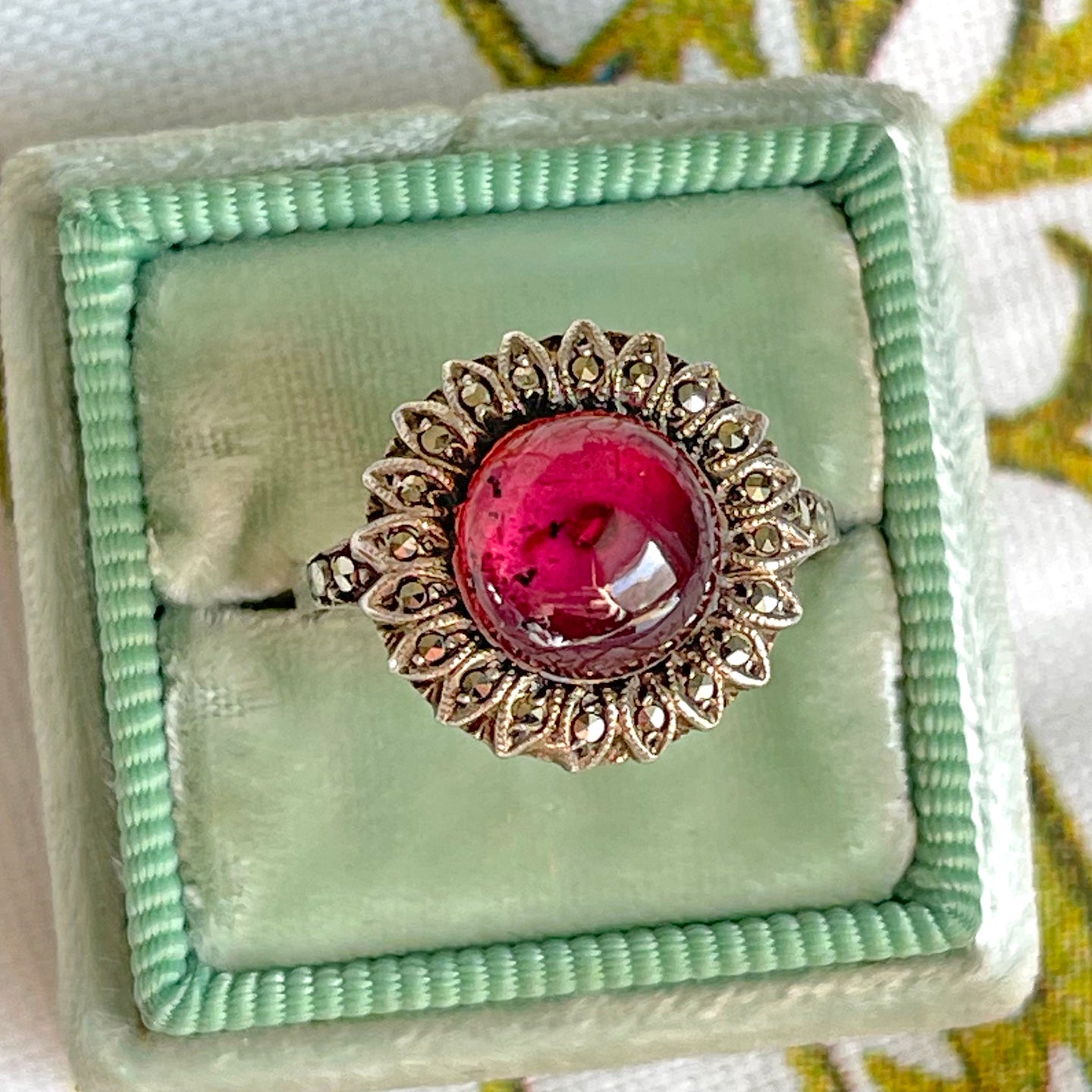 Antique Art Deco Silver Garnet & Marcasite Daisy Ring, c. 1920