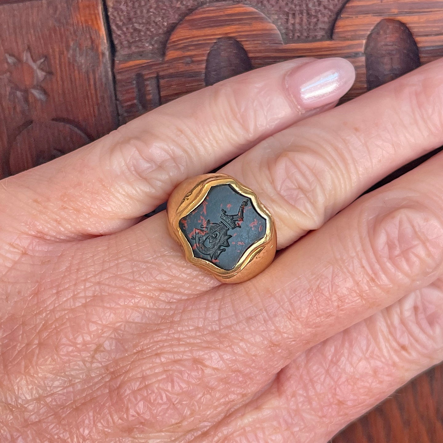 Victorian Bloodstone Signet Ring 18k Gold 1881