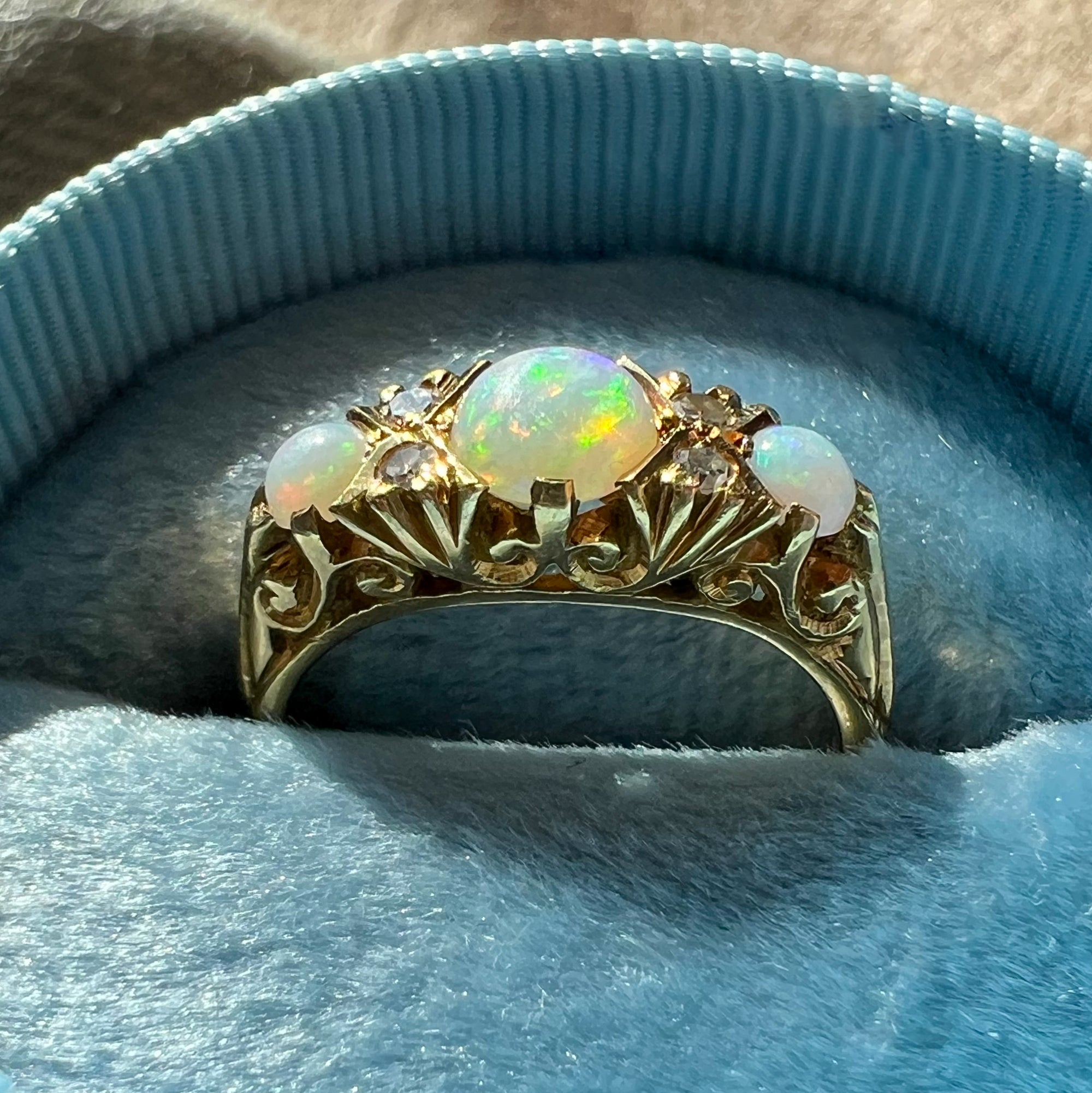 Vintage 18k 7 Stone Opal and Diamond Ring, Birmingham 1975