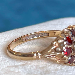 Vintage English Garnet Cluster Ring 9K Gold