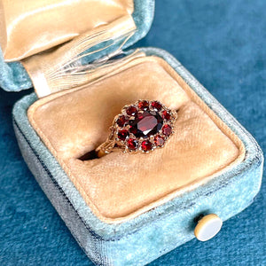 Vintage English Garnet Cluster Ring 9K Gold