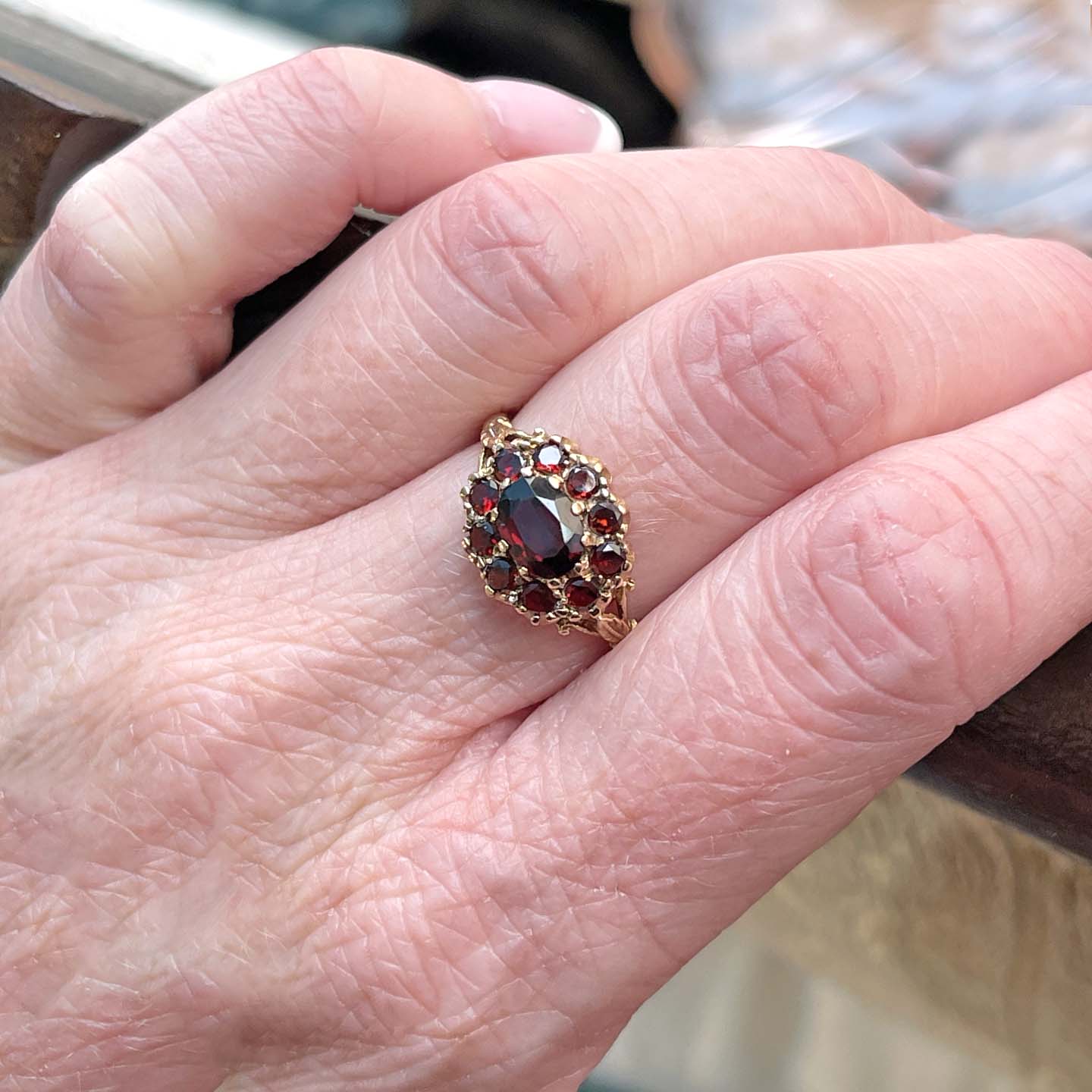 Vintage English Garnet Cluster Ring 9K Gold