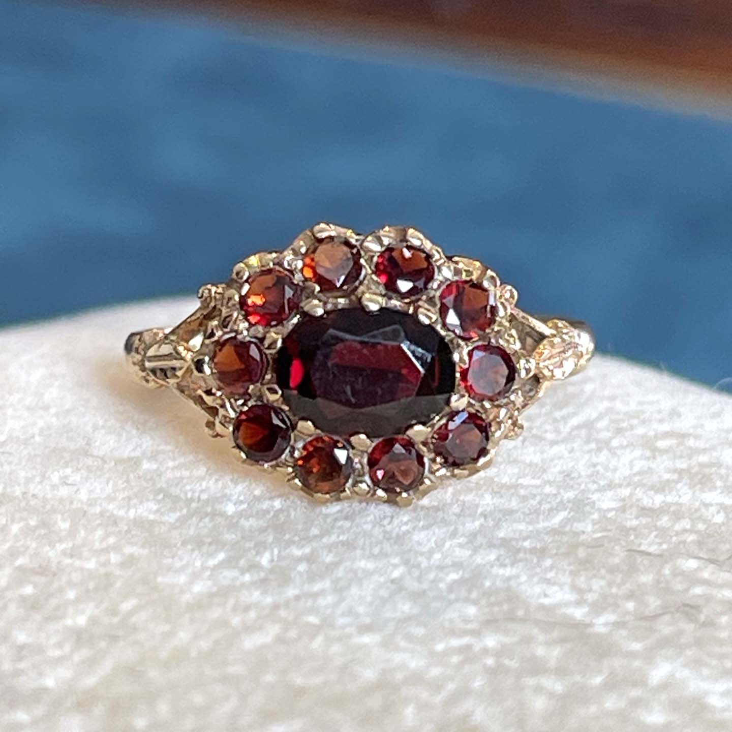 Vintage English Garnet Cluster Ring 9K Gold