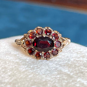 Vintage English Garnet Cluster Ring 9K Gold