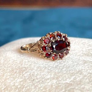 Vintage English Garnet Cluster Ring 9K Gold