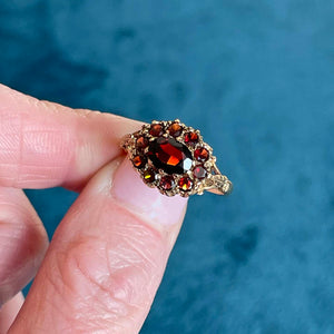 Vintage English Garnet Cluster Ring 9K Gold