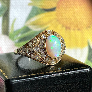 Antique 14K Gold & Platinum Opal and Diamond Ring