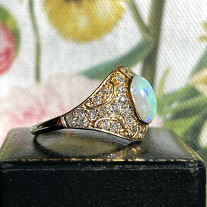 Antique 14K Gold & Platinum Opal and Diamond Ring