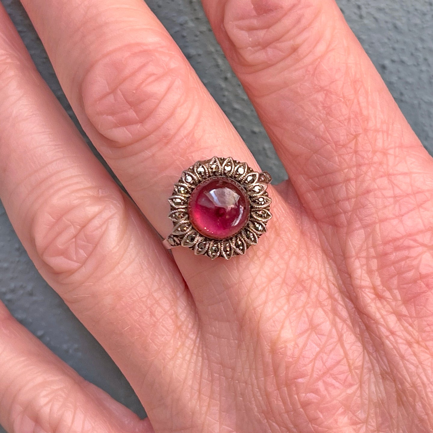 Antique Art Deco Silver Garnet & Marcasite Daisy Ring, c. 1920