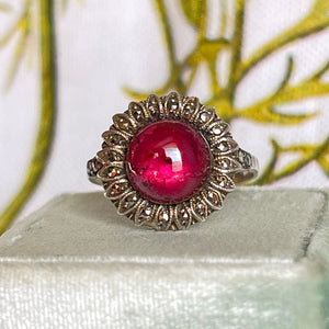 Antique Art Deco Silver Garnet & Marcasite Daisy Ring, c. 1920