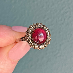 Antique Art Deco Silver Garnet & Marcasite Daisy Ring, c. 1920