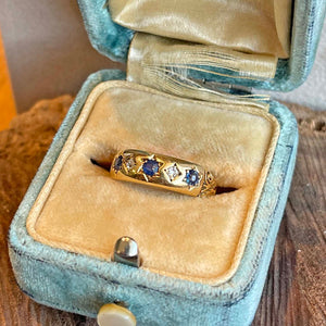 Antique 5 Stone Diamond Sapphire Ring 18k Gold Dtd. 1894