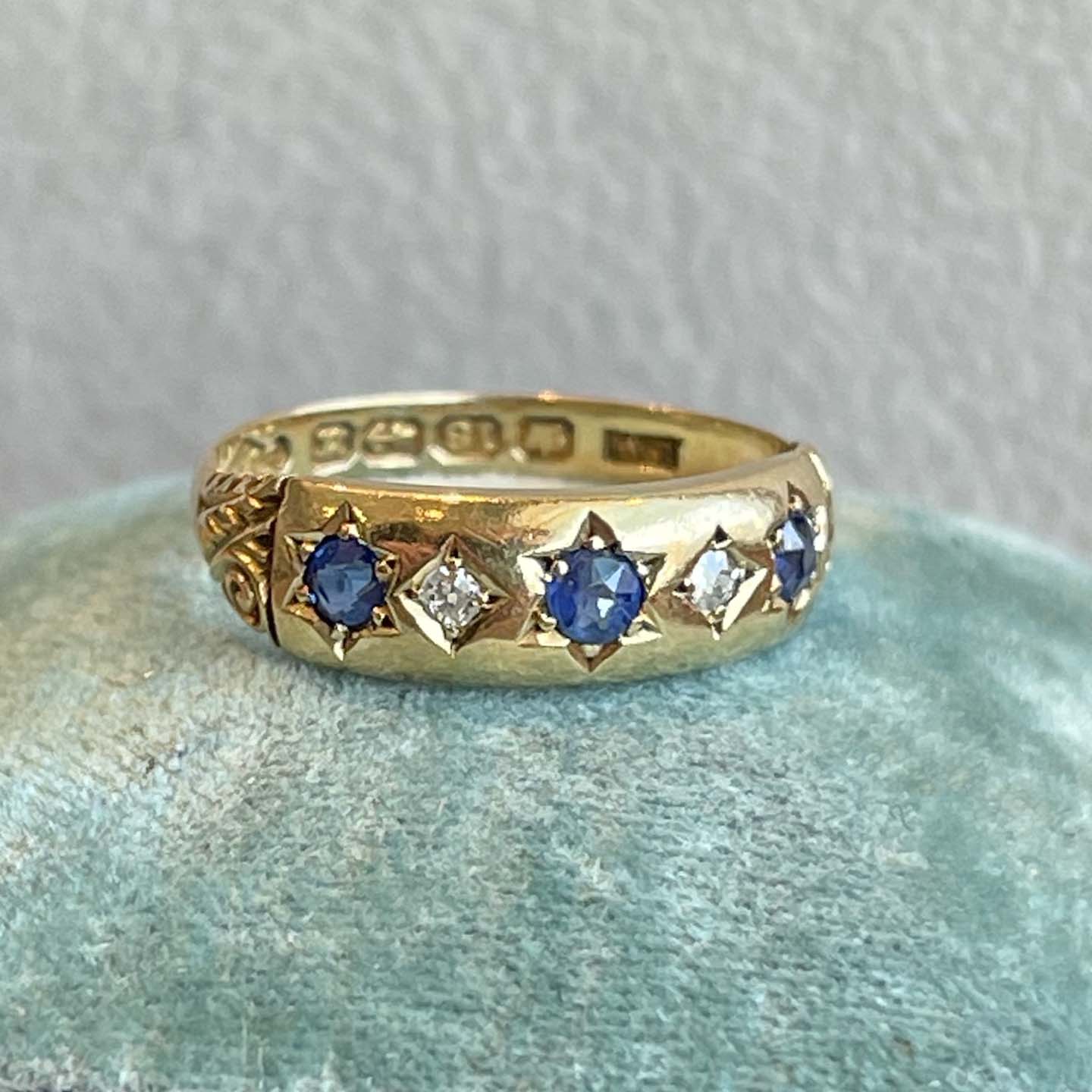 Antique 5 Stone Diamond Sapphire Ring 18k Gold Dtd. 1894