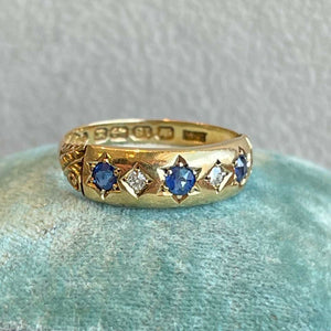 Antique 5 Stone Diamond Sapphire Ring 18k Gold Dtd. 1894