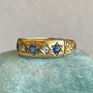 Antique 5 Stone Diamond Sapphire Ring 18k Gold Dtd. 1894