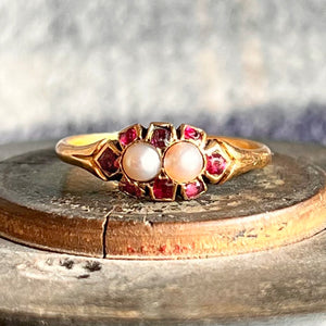 Victorian Garnet Pearl 18k Gold Ring, Circa 1860