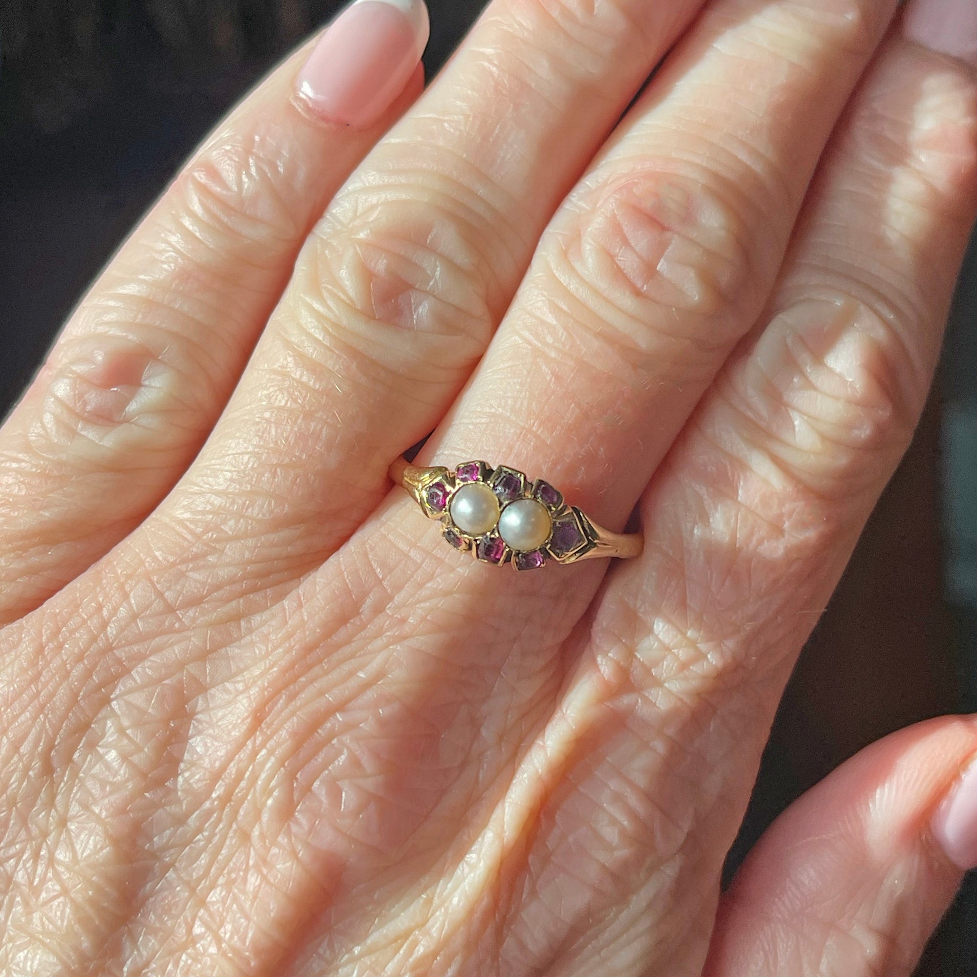 Victorian Garnet Pearl 18k Gold Ring, Circa 1860