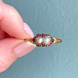 Victorian Garnet Pearl 18k Gold Ring, Circa 1860