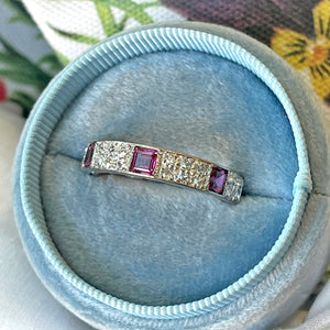 Art Deco Ruby and Diamond Band Ring Half Eternity 18k White Gold