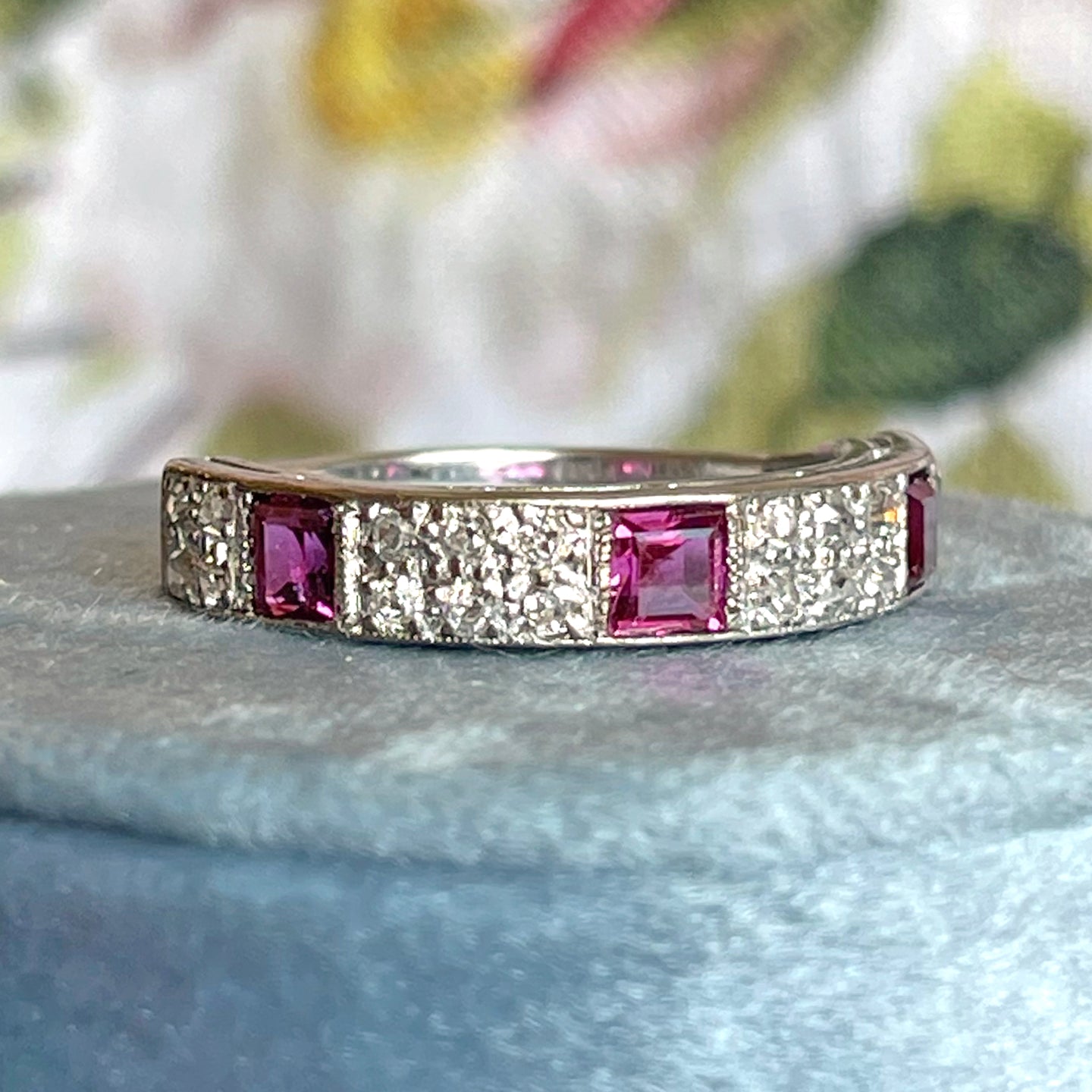 Art Deco Ruby and Diamond Band Ring Half Eternity 18k White Gold