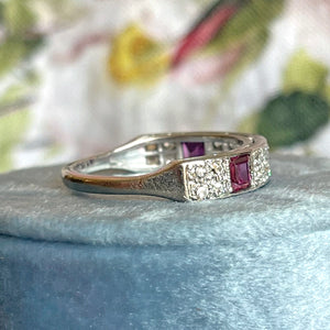 Art Deco Ruby and Diamond Band Ring Half Eternity 18k White Gold